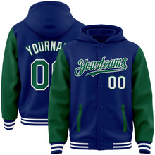 Load image into Gallery viewer, Custom Royal Kelly Green-White Bomber Full-Snap Varsity Letterman Two Tone Hoodie Jacket
