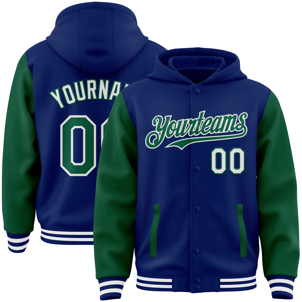 Custom Royal Kelly Green-White Bomber Full-Snap Varsity Letterman Two Tone Hoodie Jacket