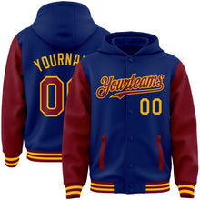 Load image into Gallery viewer, Custom Royal Crimson-Gold Bomber Full-Snap Varsity Letterman Two Tone Hoodie Jacket
