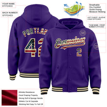 Load image into Gallery viewer, Custom Purple Vintage USA Flag Cream-Black Bomber Full-Snap Varsity Letterman Hoodie Jacket
