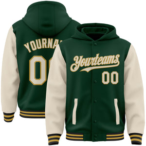 Custom Green Cream Old Gold-Black Bomber Full-Snap Varsity Letterman Two Tone Hoodie Jacket