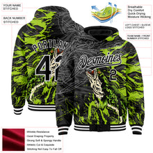 Load image into Gallery viewer, Custom Black Neon Green-White Snakehead Fish Fishing 3D Bomber Full-Snap Varsity Letterman Hoodie Jacket
