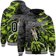 Load image into Gallery viewer, Custom Black Neon Green-White Snakehead Fish Fishing 3D Bomber Full-Snap Varsity Letterman Hoodie Jacket
