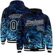 Load image into Gallery viewer, Custom Navy Black-Light Blue Tuna Fish Fishing 3D Bomber Full-Snap Varsity Letterman Hoodie Jacket
