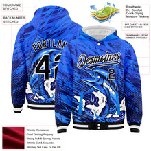 Load image into Gallery viewer, Custom Royal Black-White Marlin Fish Fishing 3D Bomber Full-Snap Varsity Letterman Hoodie Jacket
