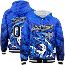 Load image into Gallery viewer, Custom Royal Black-White Marlin Fish Fishing 3D Bomber Full-Snap Varsity Letterman Hoodie Jacket
