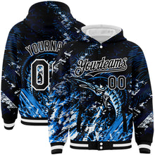 Load image into Gallery viewer, Custom Navy Black-White Marlin Fish Fishing 3D Bomber Full-Snap Varsity Letterman Hoodie Jacket
