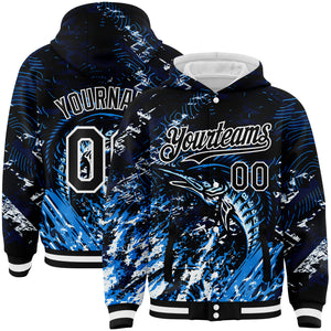 Custom Navy Black-White Marlin Fish Fishing 3D Bomber Full-Snap Varsity Letterman Hoodie Jacket