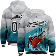 Load image into Gallery viewer, Custom Gray Black-Aqua Salmon Fish Fishing 3D Bomber Full-Snap Varsity Letterman Hoodie Jacket
