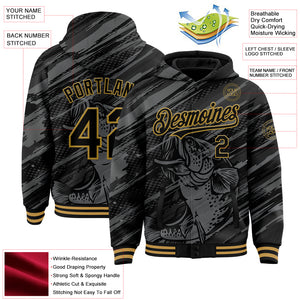 Custom Black Old Gold Largemouth Bass Fish Fishing 3D Bomber Full-Snap Varsity Letterman Hoodie Jacket