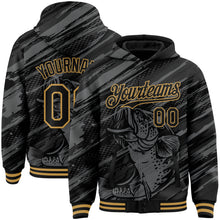 Load image into Gallery viewer, Custom Black Old Gold Largemouth Bass Fish Fishing 3D Bomber Full-Snap Varsity Letterman Hoodie Jacket
