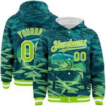 Load image into Gallery viewer, Custom Teal Neon Green-White Mahimah Fish Fishing 3D Bomber Full-Snap Varsity Letterman Hoodie Jacket
