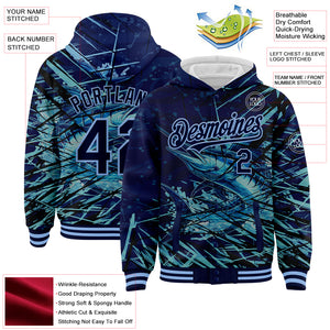 Custom Navy Light Blue Marlin Fish Fishing 3D Bomber Full-Snap Varsity Letterman Hoodie Jacket