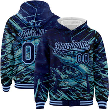 Load image into Gallery viewer, Custom Navy Light Blue Marlin Fish Fishing 3D Bomber Full-Snap Varsity Letterman Hoodie Jacket
