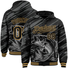 Load image into Gallery viewer, Custom Black Old Gold Largemouth Bass Fish Fishing 3D Bomber Full-Snap Varsity Letterman Hoodie Jacket
