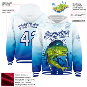 Custom Lakes Blue White-Royal Mahimah Fish Fishing 3D Bomber Full-Snap Varsity Letterman Hoodie Jacket