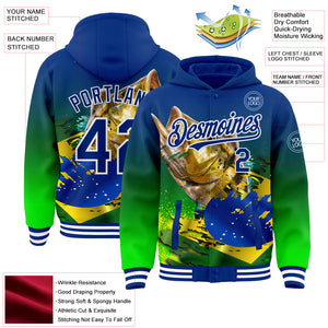 Custom Royal Neon Green-White Largemouth Bass Fish Fishing 3D Bomber Full-Snap Varsity Letterman Hoodie Jacket