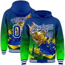 Load image into Gallery viewer, Custom Royal Neon Green-White Largemouth Bass Fish Fishing 3D Bomber Full-Snap Varsity Letterman Hoodie Jacket
