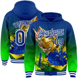 Custom Royal Neon Green-White Largemouth Bass Fish Fishing 3D Bomber Full-Snap Varsity Letterman Hoodie Jacket