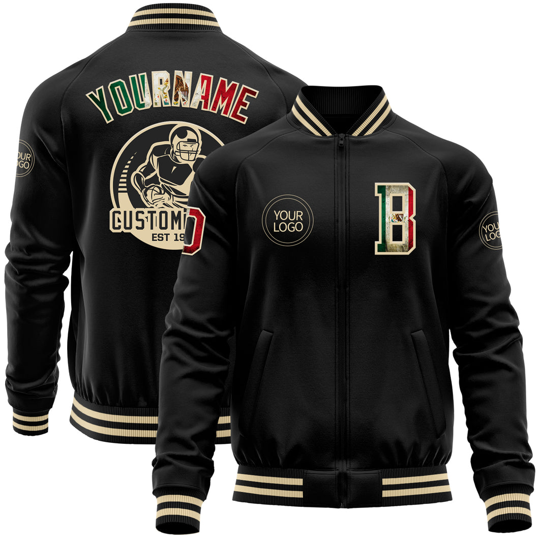 Custom Black Vintage Mexican Flag-Cream Bomber Varsity Letterman Zipper Jacket