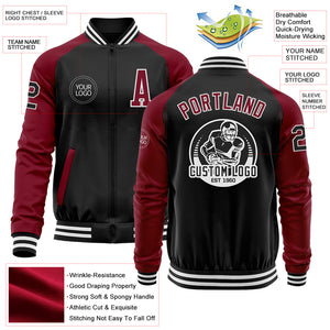 Custom Black Crimson-White Bomber Varsity Letterman Two Tone Zipper Jacket