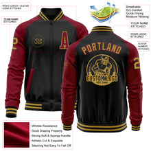 Load image into Gallery viewer, Custom Black Old Gold-Crimson Bomber Varsity Letterman Two Tone Zipper Jacket
