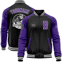 Load image into Gallery viewer, Custom Black Purple-White Bomber Varsity Letterman Two Tone Zipper Jacket
