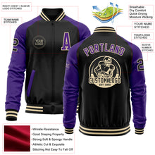 Load image into Gallery viewer, Custom Black Purple-Cream Bomber Varsity Letterman Two Tone Zipper Jacket
