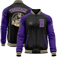 Load image into Gallery viewer, Custom Black Purple-Cream Bomber Varsity Letterman Two Tone Zipper Jacket
