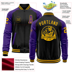 Custom Black Gold-Purple Bomber Varsity Letterman Two Tone Zipper Jacket