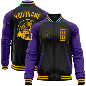 Custom Black Gold-Purple Bomber Varsity Letterman Two Tone Zipper Jacket