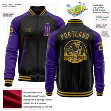 Load image into Gallery viewer, Custom Black Old Gold-Purple Bomber Varsity Letterman Two Tone Zipper Jacket
