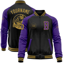 Load image into Gallery viewer, Custom Black Old Gold-Purple Bomber Varsity Letterman Two Tone Zipper Jacket
