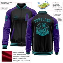 Load image into Gallery viewer, Custom Black Teal-Purple Bomber Varsity Letterman Two Tone Zipper Jacket
