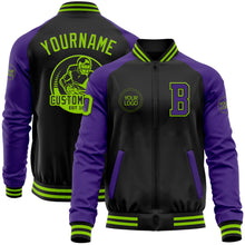 Load image into Gallery viewer, Custom Black Neon Green-Purple Bomber Varsity Letterman Two Tone Zipper Jacket
