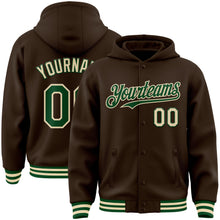 Load image into Gallery viewer, Custom Brown Green-Cream Bomber Full-Snap Varsity Letterman Hoodie Jacket
