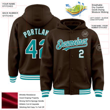 Load image into Gallery viewer, Custom Brown Teal-White Bomber Full-Snap Varsity Letterman Hoodie Jacket
