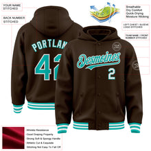 Load image into Gallery viewer, Custom Brown Aqua-White Bomber Full-Snap Varsity Letterman Hoodie Jacket
