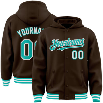 Custom Brown Aqua-White Bomber Full-Snap Varsity Letterman Hoodie Jacket