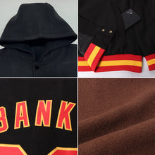 Load image into Gallery viewer, Custom Brown White-Red Bomber Full-Snap Varsity Letterman Hoodie Jacket
