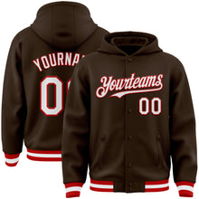 Load image into Gallery viewer, Custom Brown White-Red Bomber Full-Snap Varsity Letterman Hoodie Jacket
