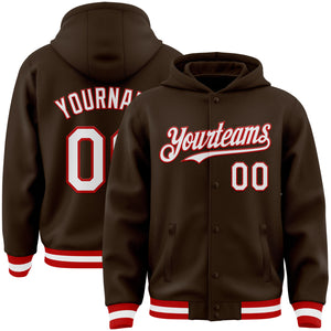 Custom Brown White-Red Bomber Full-Snap Varsity Letterman Hoodie Jacket