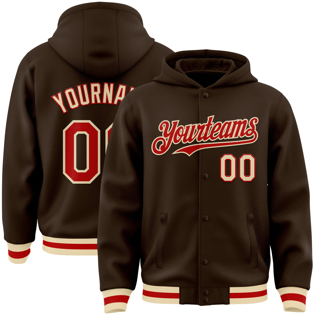 Custom Brown Red-Cream Bomber Full-Snap Varsity Letterman Hoodie Jacket