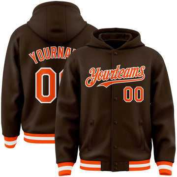 Custom Brown Orange-White Bomber Full-Snap Varsity Letterman Hoodie Jacket