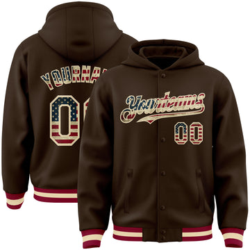 Custom Brown Vintage USA Flag Cream-Maroon Bomber Full-Snap Varsity Letterman Hoodie Jacket