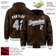 Load image into Gallery viewer, Custom Brown Gray-White Bomber Full-Snap Varsity Letterman Hoodie Jacket
