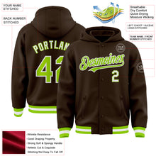 Load image into Gallery viewer, Custom Brown Neon Green-White Bomber Full-Snap Varsity Letterman Hoodie Jacket
