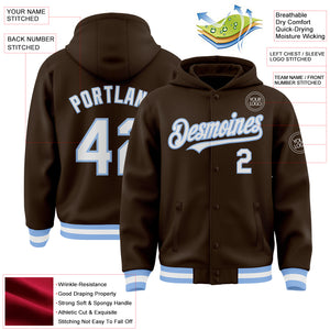 Custom Brown White-Light Blue Bomber Full-Snap Varsity Letterman Hoodie Jacket