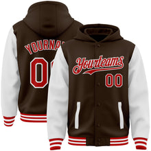 Load image into Gallery viewer, Custom Brown Red-White Bomber Full-Snap Varsity Letterman Two Tone Hoodie Jacket
