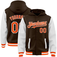 Load image into Gallery viewer, Custom Brown Orange-White Bomber Full-Snap Varsity Letterman Two Tone Hoodie Jacket
